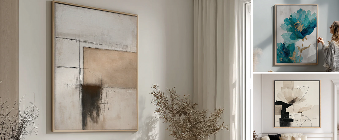 Modern neutral living room sanctuary with abstract wall art blending nostalgic and minimalist design