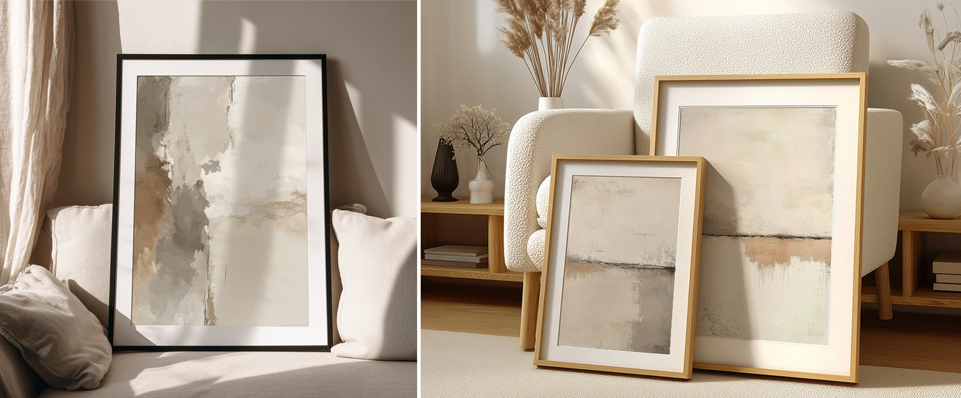 Earth tone wall art trends 2026 — terracotta, neutral and boho abstract prints styled in a modern living room gallery wall