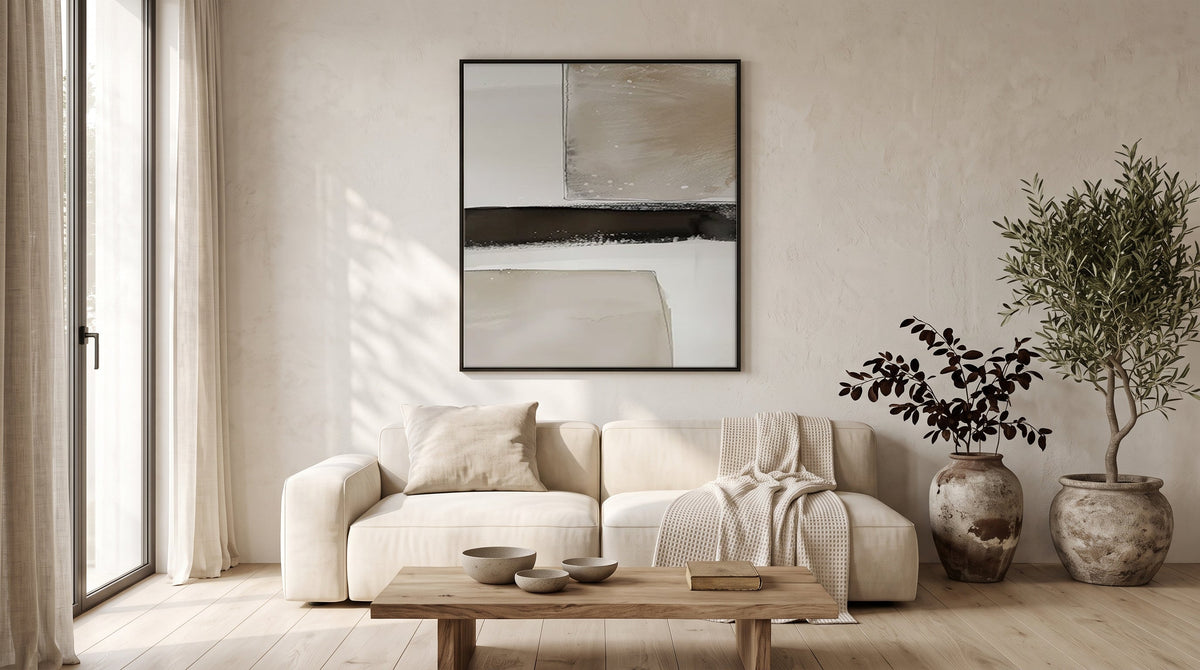 Japandi and Wabi Sabi Art in a Minimalist Living Room