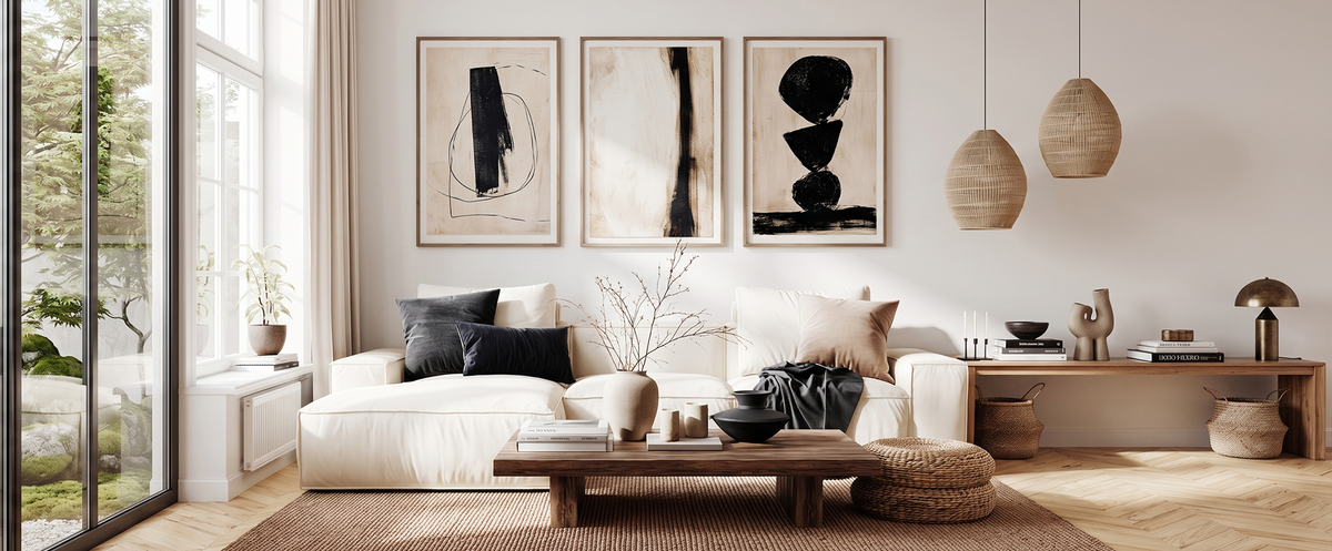 A modern living room with Japandi and Wabi Sabi Style Wall Art
