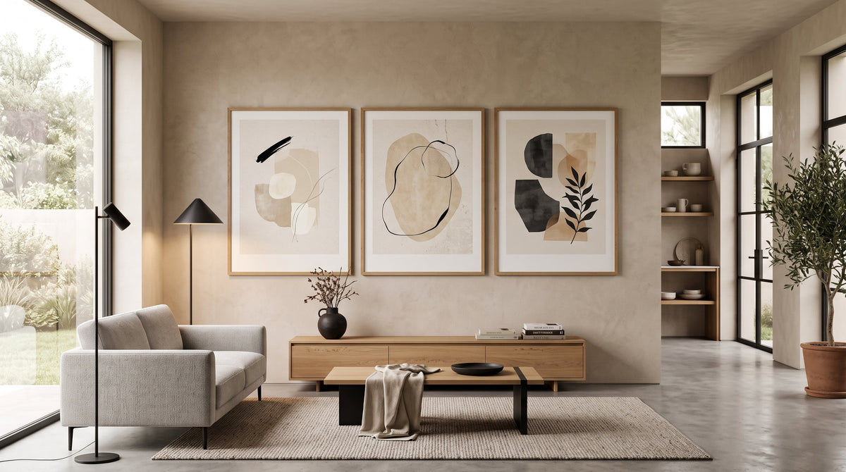 Neutral Abstract Japandi and Wabi Sabi Wall Art Hanging in a living room.