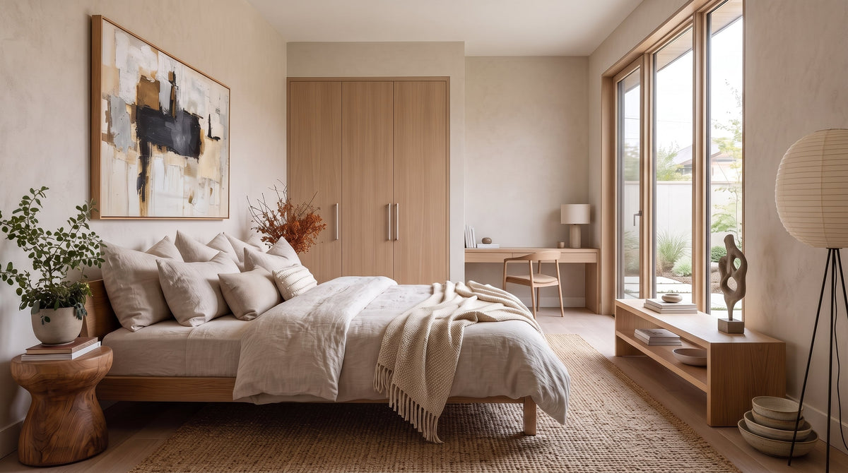 Neutral Textured Wabi-Sabi and Japandi Canvas Art hanging over a bed.