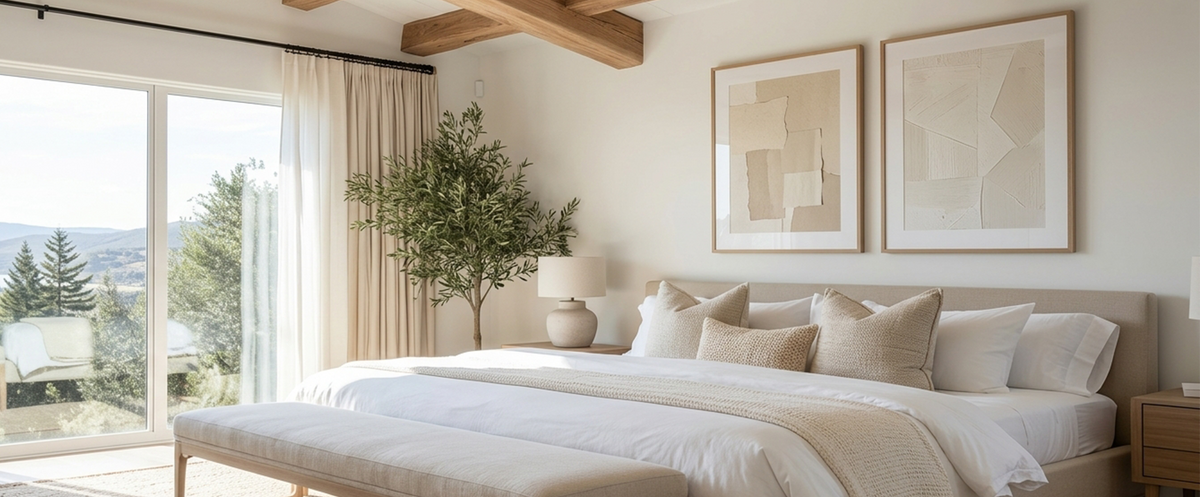 Scandinavian Bedroom with two beige abstract wall art pieces over a bed