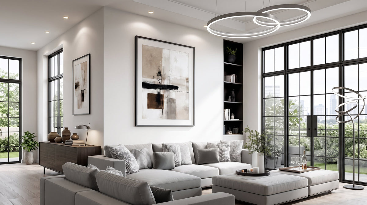 Beige Black Minimalist Geometric Japandi and Wabi Sabi Canvas Hanging in a modern Interior