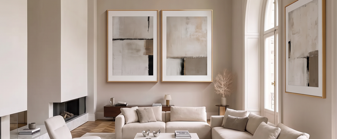 Mid-Century Abstract Canvas Prints over a couch in a modern living room.