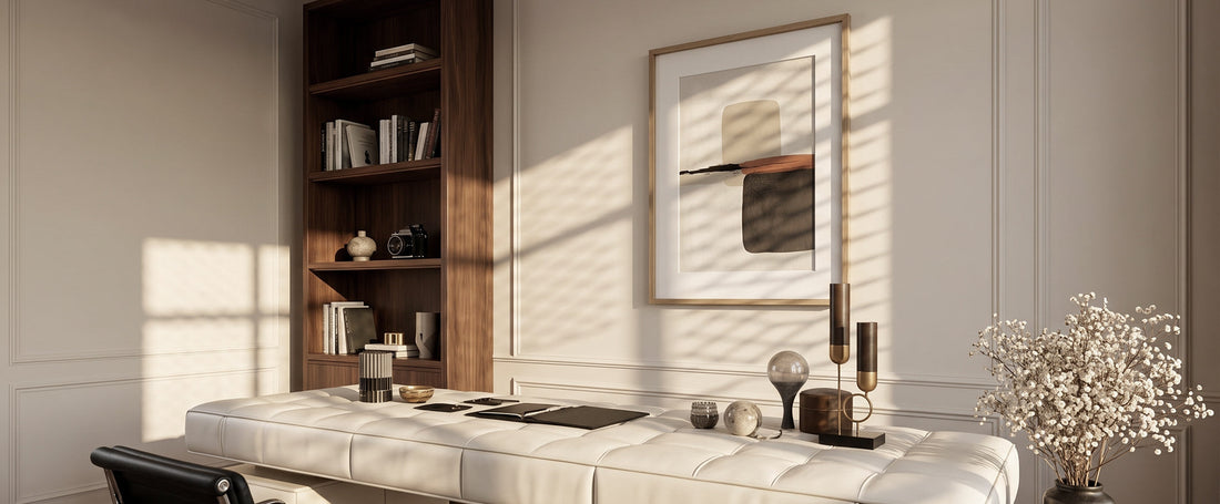 modern home office with neutral japandi abstract wall art 