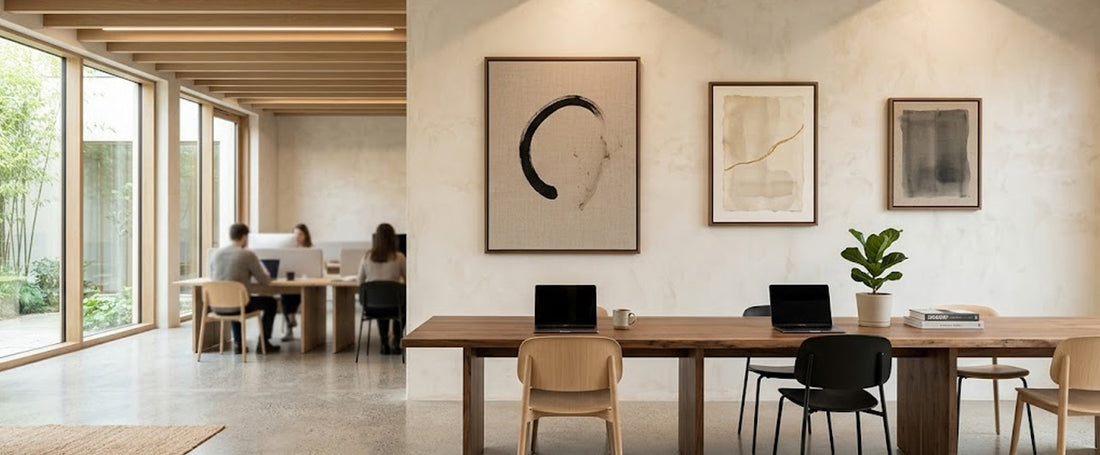 Aesthetic interior of a modern office with Wabi Sabi Minimalist abstract wall art 