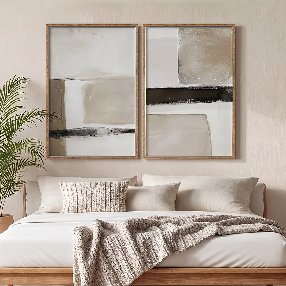 Minimalist Japandi wall art set featuring beige, cream and black abstract designs for neutral modern living room decor.