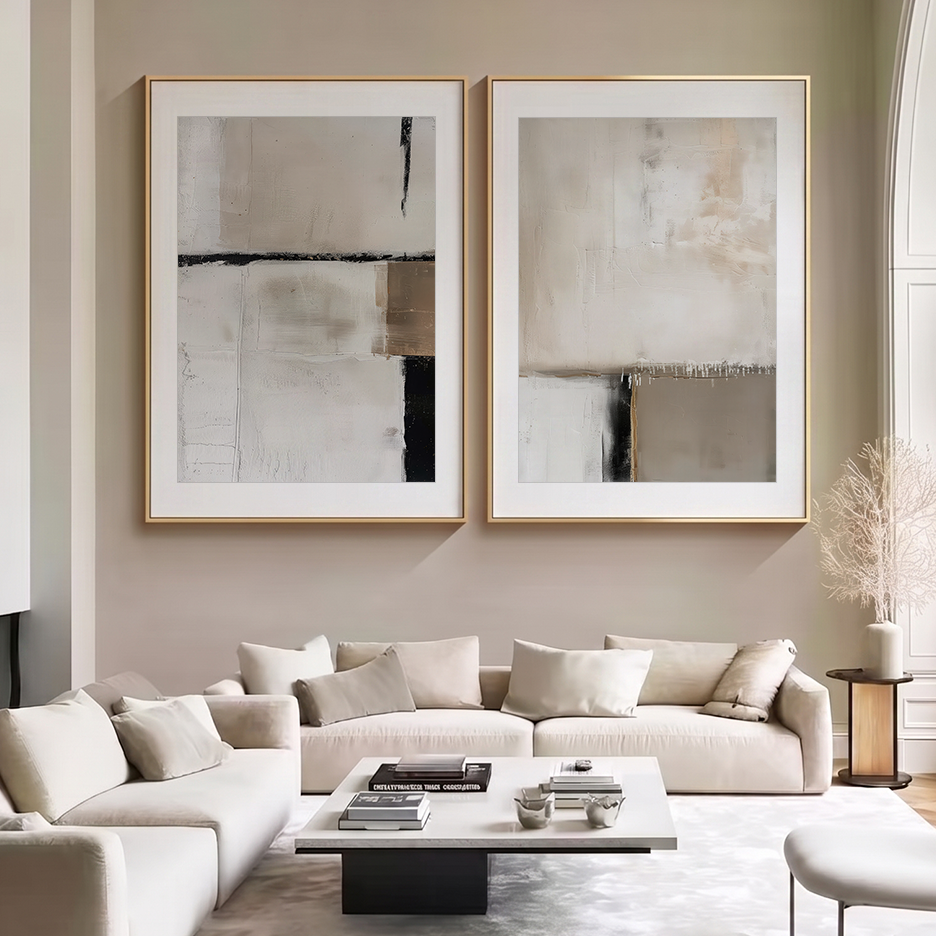 Modern abstract wall art sets with neutral canvas prints and framed art, styled for living rooms, bedrooms, offices, and contemporary home decor