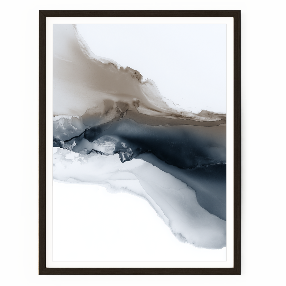 Abstract ocean wall art with layered indigo blue, grey, and earth tones inspired by atmospheric coastal landscapes.