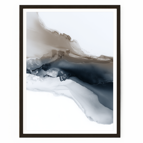 Abstract ocean wall art with layered indigo blue, grey, and earth tones inspired by atmospheric coastal landscapes.