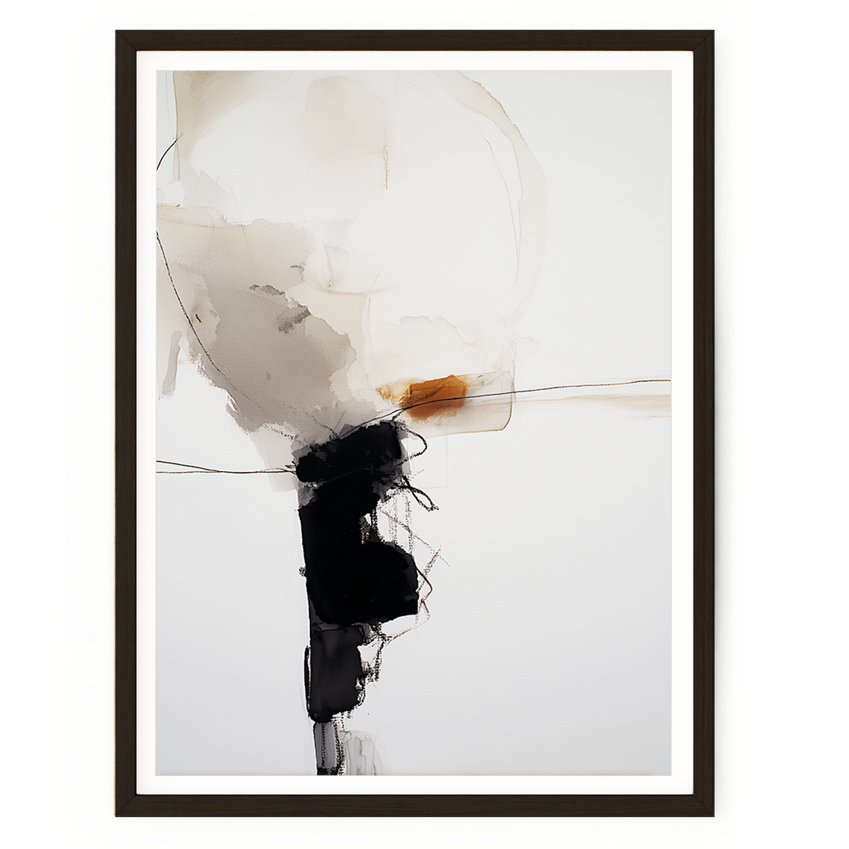 Abstract expressionist wall art with black calligraphic forms, grey washes, ivory tones, and a burnt orange accent in a minimalist contemporary style.