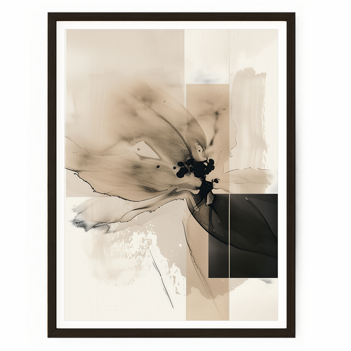 Abstract floral wall art featuring beige, cream, and charcoal black botanical forms with fluid ink-inspired textures.