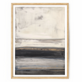 Abstract horizon wall art with layered grey, white, charcoal, and gold tones featuring textured brushwork and a minimalist landscape design.