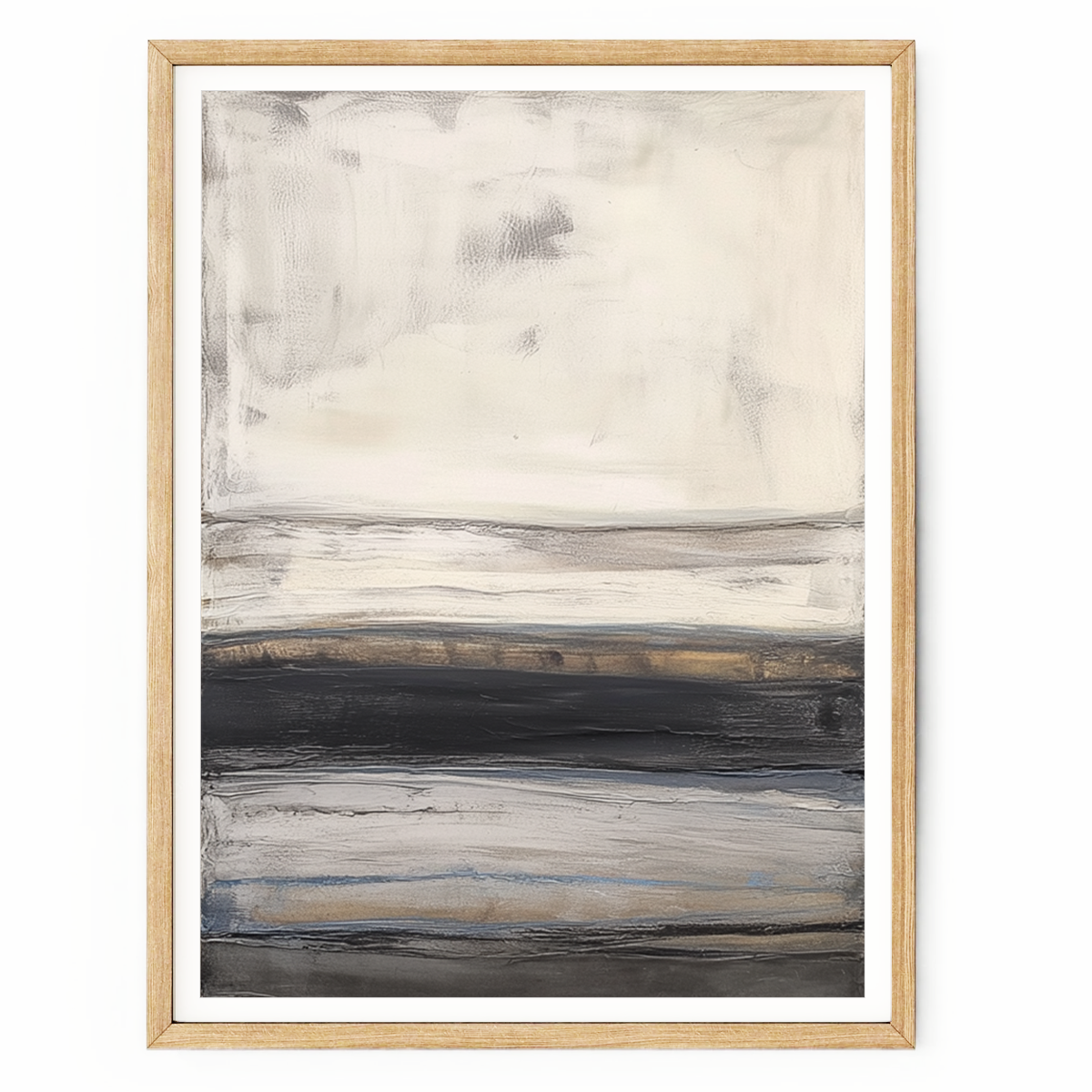 Abstract horizon wall art with layered grey, white, charcoal, and gold tones featuring textured brushwork and a minimalist landscape design.