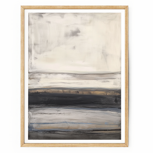 Abstract horizon wall art with layered grey, white, charcoal, and gold tones featuring textured brushwork and a minimalist landscape design.