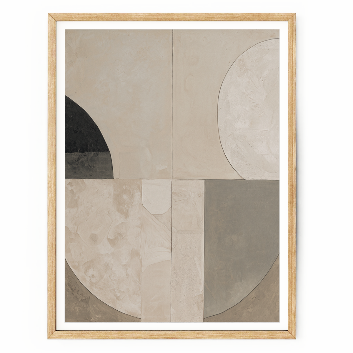 Abstract mixed media wall art with textured charcoal, beige, cream, and off-white panels inspired by aged plaster and concrete.