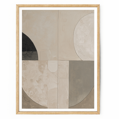 Abstract mixed media wall art with textured charcoal, beige, cream, and off-white panels inspired by aged plaster and concrete.