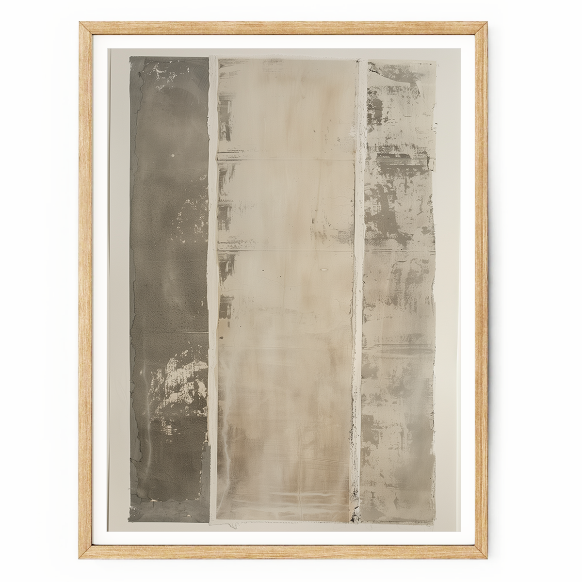 Abstract mixed media wall art with textured charcoal, beige, cream, and off-white panels inspired by aged plaster and concrete.