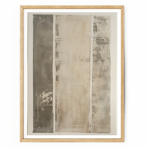 Abstract mixed media wall art with textured charcoal, beige, cream, and off-white panels inspired by aged plaster and concrete.