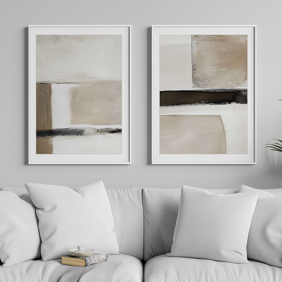 Minimalist Japandi Wall Art Set | Beige & Black Abstracts featuring two neutral abstract art prints above a white sofa in a calm living room