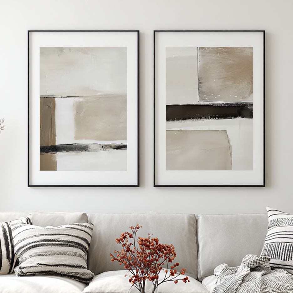 Minimalist Japandi Wall Art Set | Beige & Black Abstracts, two framed abstract art prints above a neutral sofa in a modern living room