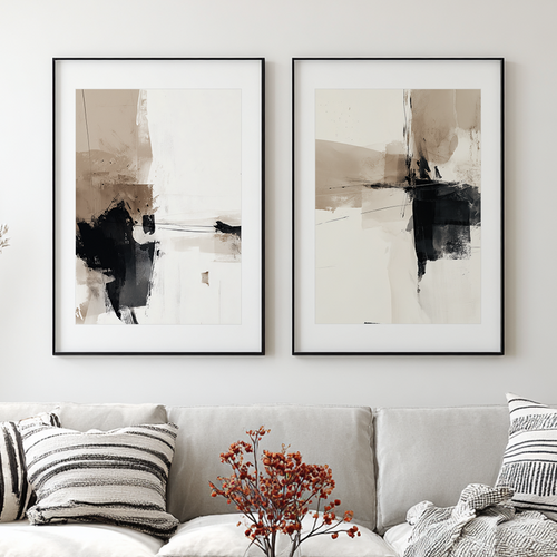Neutral Abstract Wall Art Set of 2 | Black & Beige Prints in black frames above a neutral sofa with bold black beige and white abstract compositions