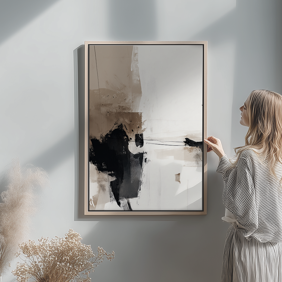 Neutral Abstract Wall Art Set of 2 | Black & Beige Prints featuring expressive black and beige abstract art in a modern frame for a neutral living room