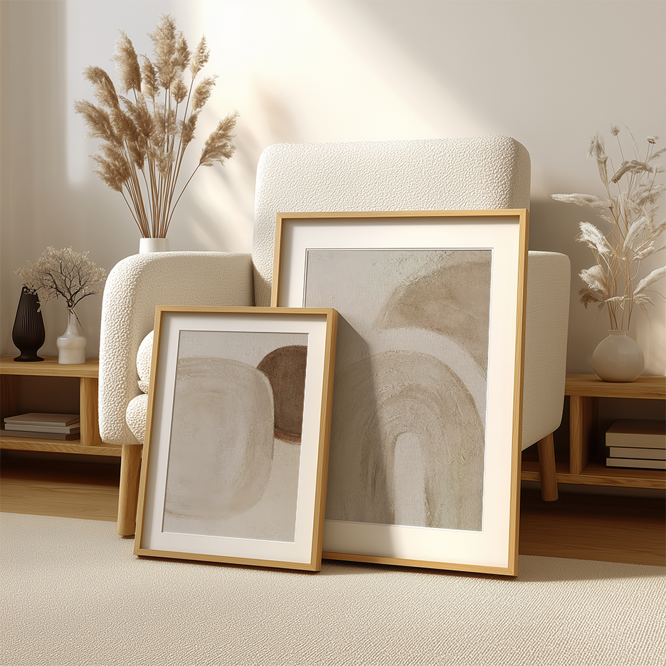 Wabi-Sabi Neutral Wall Art Set of 2 | Abstract Canvas featuring two beige abstract prints in gold frames styled in a warm minimalist living room