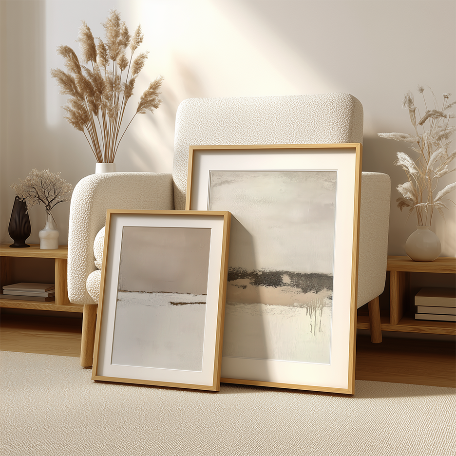Neutral Abstract Wall Art Set | Beige Minimalist Prints featuring two framed abstract art prints in a warm neutral living room with dried botanical decor