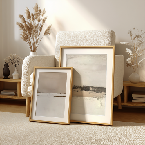 Neutral Abstract Wall Art Set | Beige Minimalist Prints featuring two framed abstract art prints in a warm neutral living room with dried botanical decor