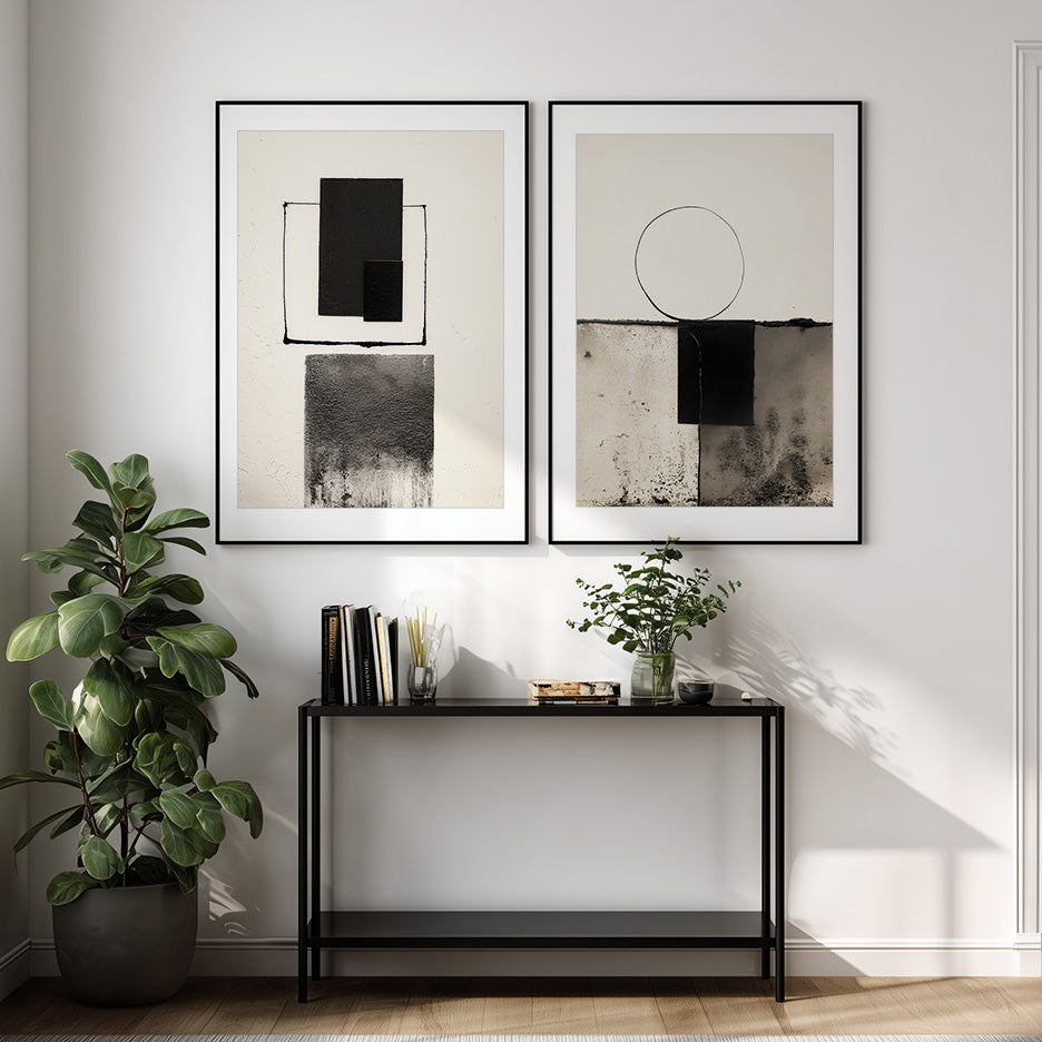 Modern Abstract Geometric Wall Art – Minimalist Black & White Textured Print featuring bold shapes and subtle textures in a stylish living space with a black console table and green plants.