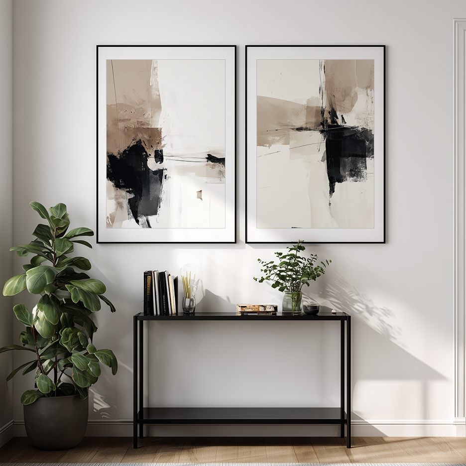 Neutral Abstract Wall Art Set of 2 | Black & Beige Prints displayed above a console table, featuring minimalist abstract art prints in a neutral living room