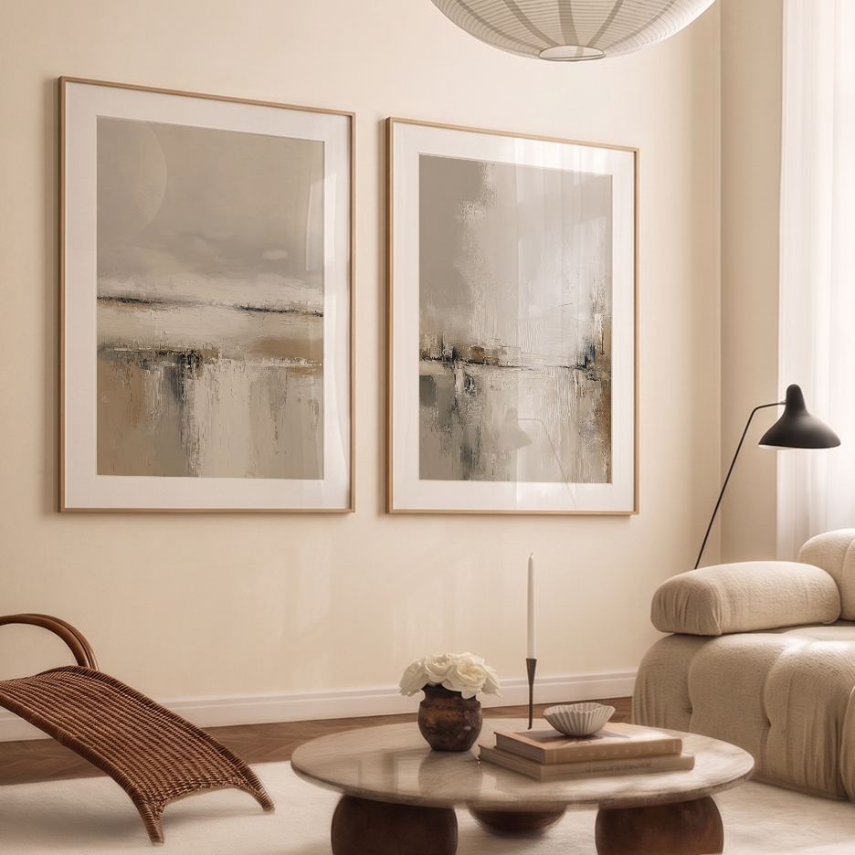 Neutral Landscape Wall Art Set of 2 | Minimalist Abstract featuring two framed neutral abstract art prints above a modern living room sofa with warm natural decor