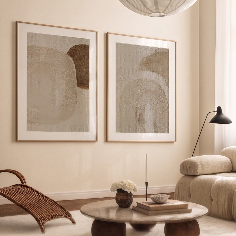 Wabi-Sabi Neutral Wall Art Set of 2 | Abstract Canvas featuring two beige abstract prints above a modern coffee table in a warm neutral living room