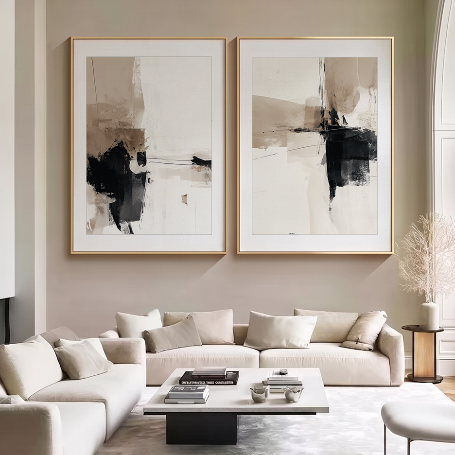 Neutral Abstract Wall Art Set of 2 | Black & Beige Prints displayed above a neutral sofa in a modern living room with minimalist abstract art styling