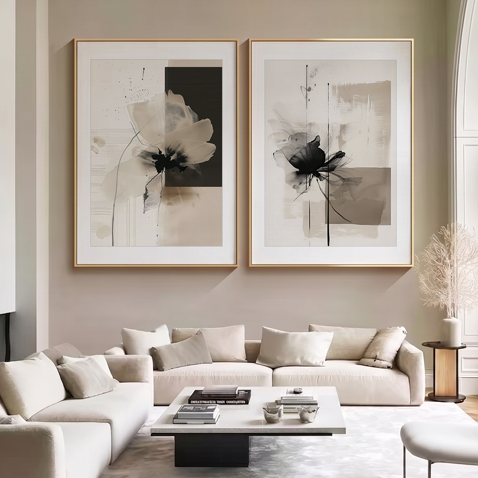 Modern Abstract Floral Set | Beige & Black Botanical Canvas Prints featuring neutral abstract art prints in a contemporary living room with beige sofas