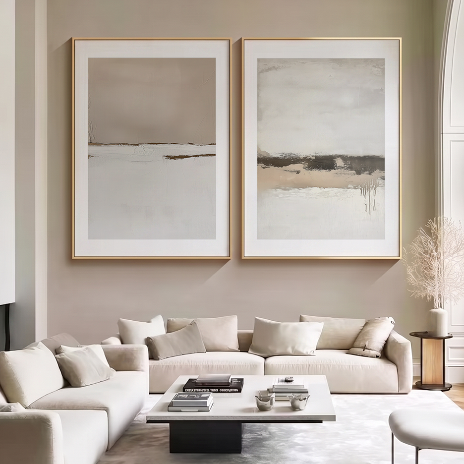 Neutral Abstract Wall Art Set | Beige Minimalist Prints featuring two neutral abstract art prints above a modern living room sofa and coffee table