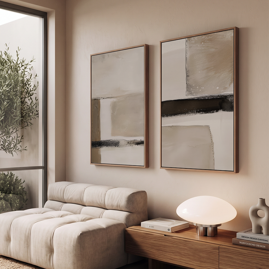 Minimalist Japandi Wall Art Set | Beige & Black Abstracts featuring two neutral abstract art prints above a cream sofa in a modern living room