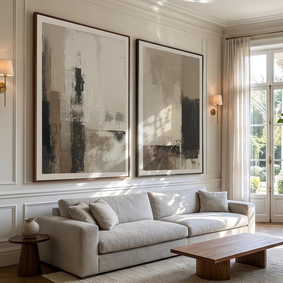 A styled living room featuring two large, vertically oriented abstract framed wall art prints in beige, gray, and black tones, hung above a light beige sofa.