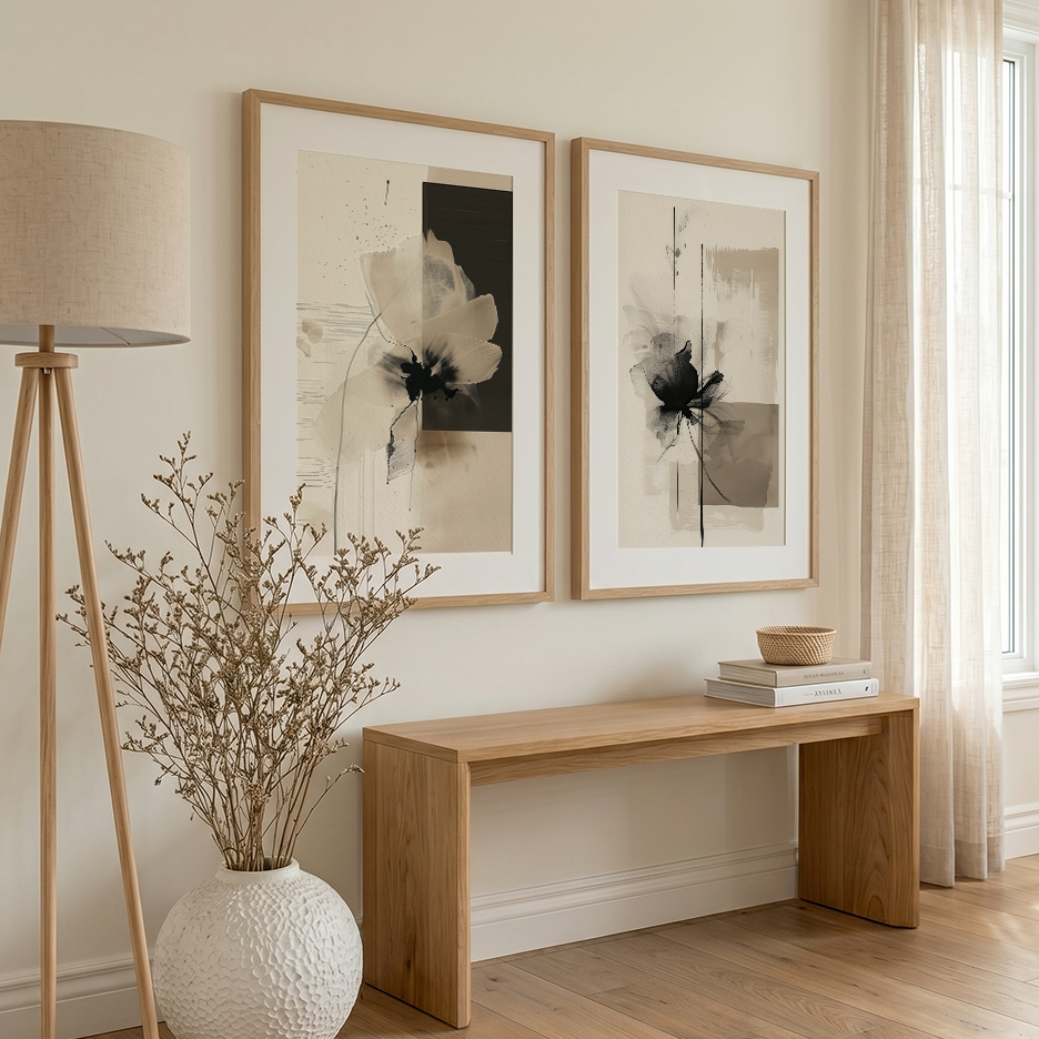 Modern Abstract Floral Set | Beige & Black Botanical Canvas Prints with framed floral artwork above a wooden console in a neutral living room setting