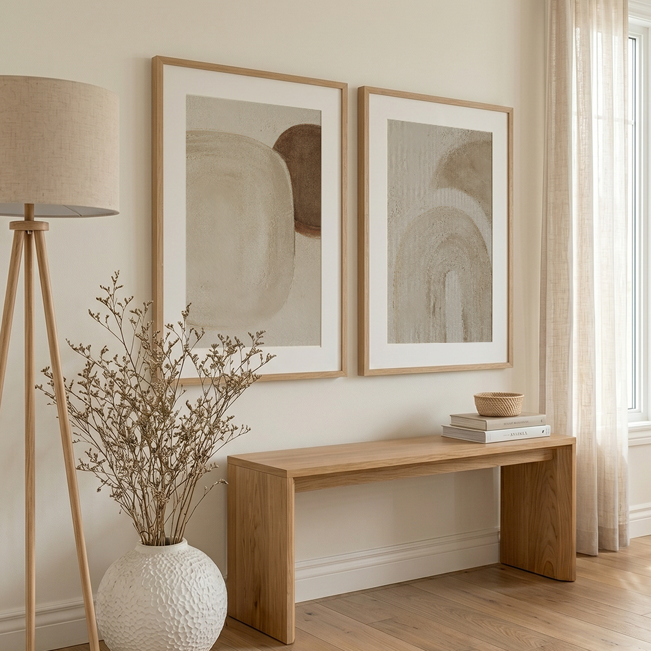 Wabi-Sabi Neutral Wall Art Set of 2 | Abstract Canvas, neutral abstract wall art for living room with organic shapes in wood frames above a console table
