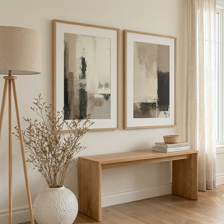 Two framed abstract art prints in light wood frames hang on a beige wall above a wooden bench in a styled room with a floor lamp, vase, and curtains.