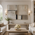 Neutral Abstract Wall Art Set of 2 | Mid-Century Modern in neutral tones displayed above a console in an elegant living room with abstract art prints and modern wall art