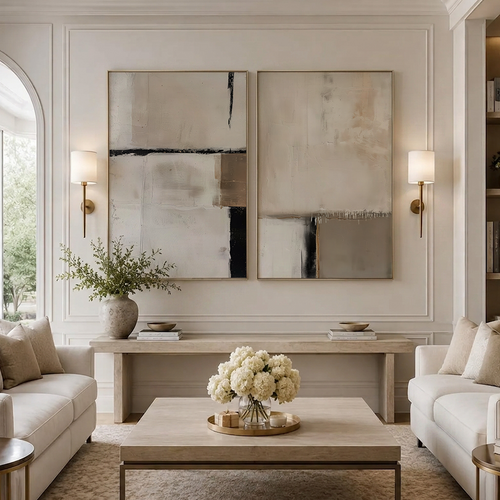 Neutral Abstract Wall Art Set of 2 | Mid-Century Modern in neutral tones displayed above a console in an elegant living room with abstract art prints and modern wall art