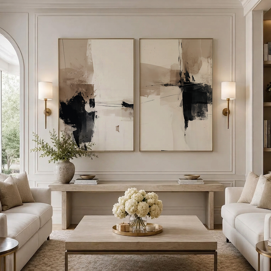 Neutral Abstract Wall Art Set of 2 | Black & Beige Prints displayed above a console in an elegant living room, featuring minimalist abstract art prints in black, beige, and neutral tones
