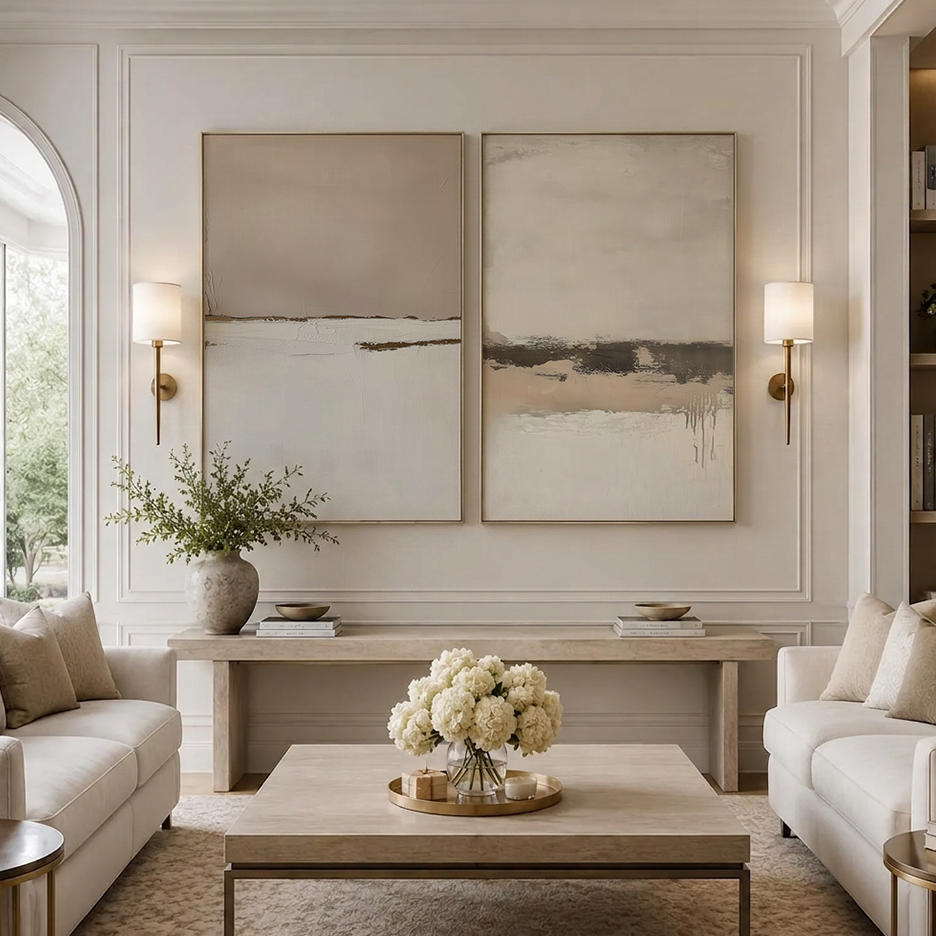 Neutral Abstract Wall Art Set | Beige Minimalist Prints featuring paired beige abstract art prints above a console in an elegant neutral living room
