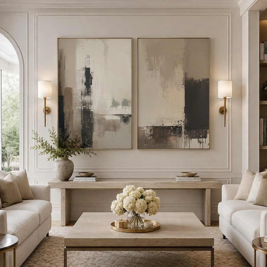 A styled living room featuring two large abstract canvas prints in neutral beige, gray, and black tones, hung side-by-side on a white paneled wall above a light wood console table.