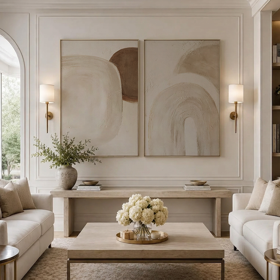 Wabi-Sabi Neutral Wall Art Set of 2 | Abstract Canvas featuring organic beige and brown shapes above a console in an elegant living room