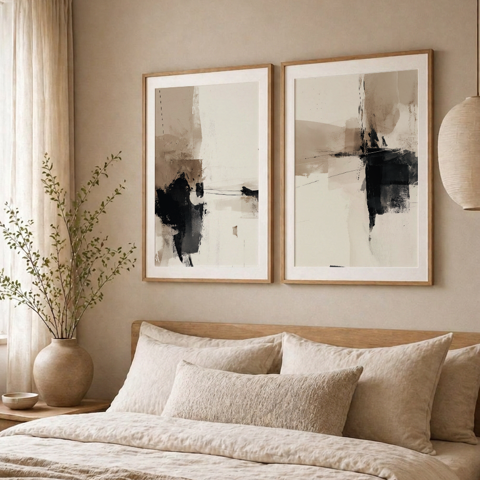 Neutral Abstract Wall Art Set of 2 | Black & Beige Prints featuring minimalist abstract art prints above a neutral bedroom, ideal modern wall art for living room décor